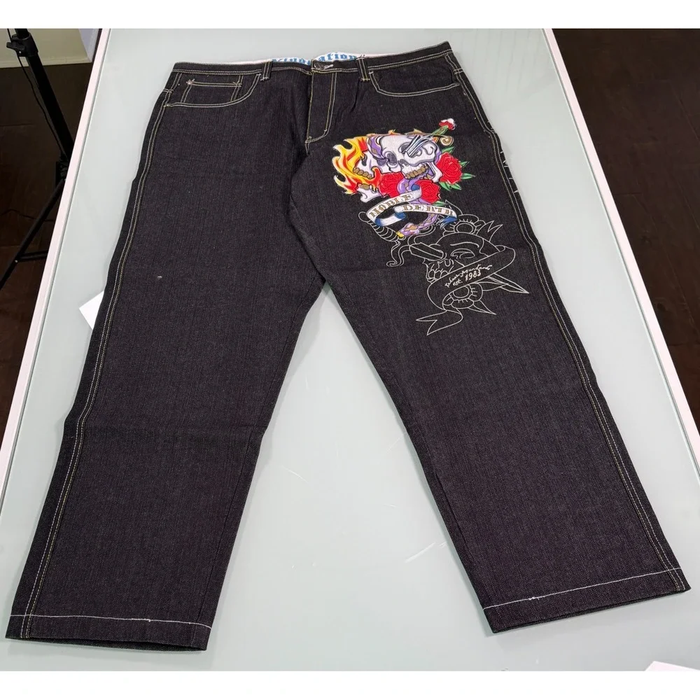 VTG Y2k Raw Blue Jeans Men 42x34 Black Denim Embroidered Embellish Skull Baggy‎